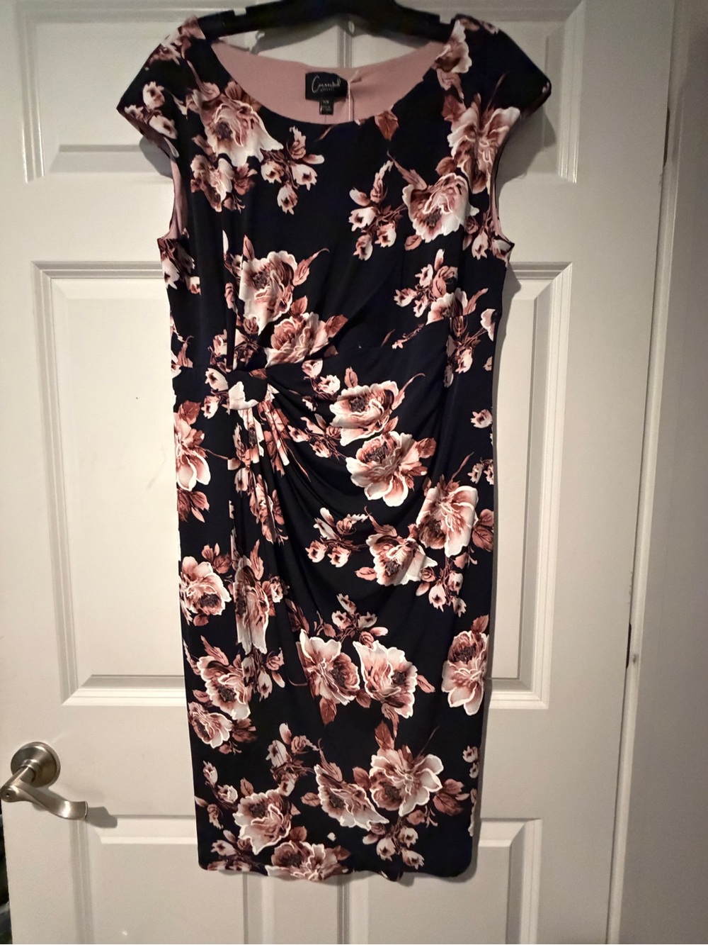 Navy Floral Cap-Sleeve Sheath Dress